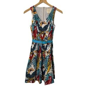 ModCloth Tropical Parrot Print Dress XXS Multicolor Retro Belted Whimsical Beach